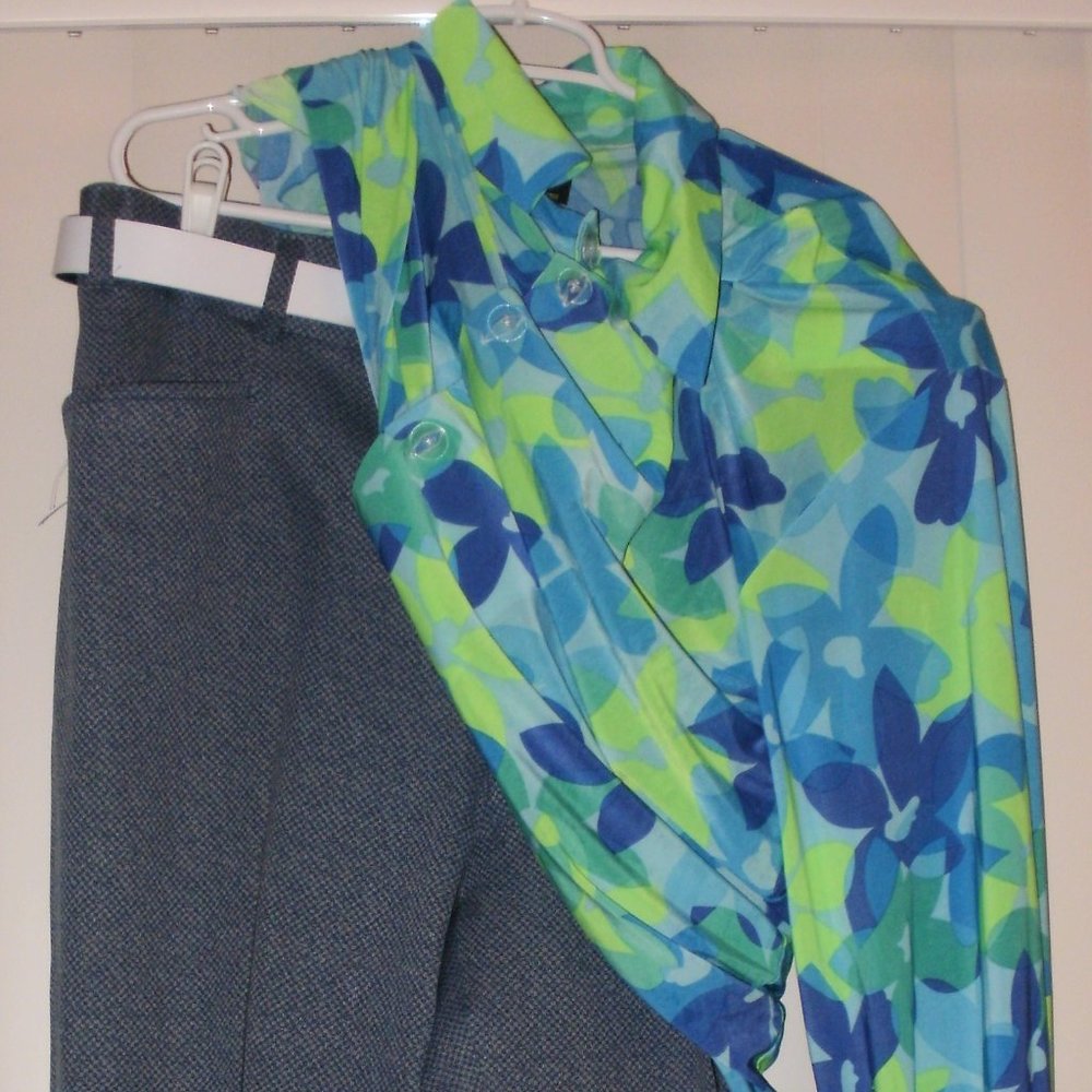 1970s Vintage? Mens Slacks + Mod Hippie Flower Shirt + White Belt XL HALLOWEEN